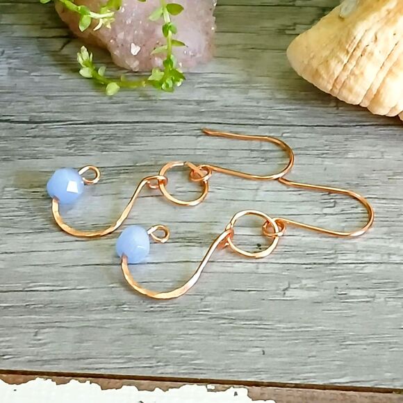 Cats Eye Beaded Dangle Earrings, Hammered Copper Jewelry 2" - Picture 2 of 5